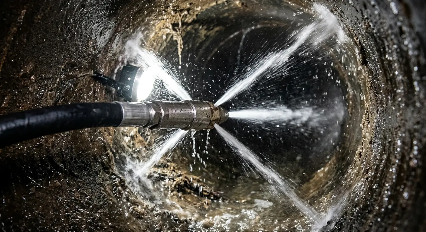 High-pressure hydro jetting nozzle cleaning sewer pipe for Emergency Drain Service in Richfield