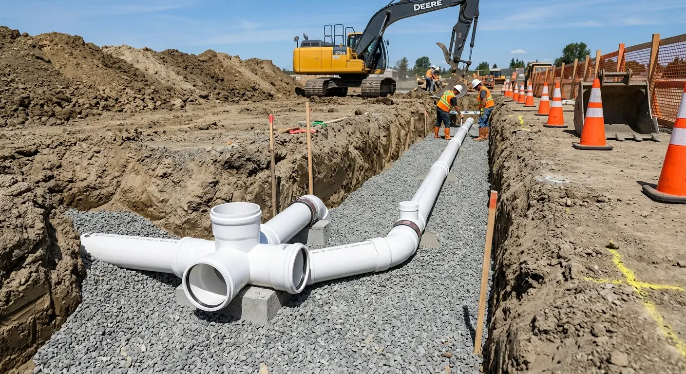 New PVC sewer pipe installation in open trench for Sewer Backup in Richfield