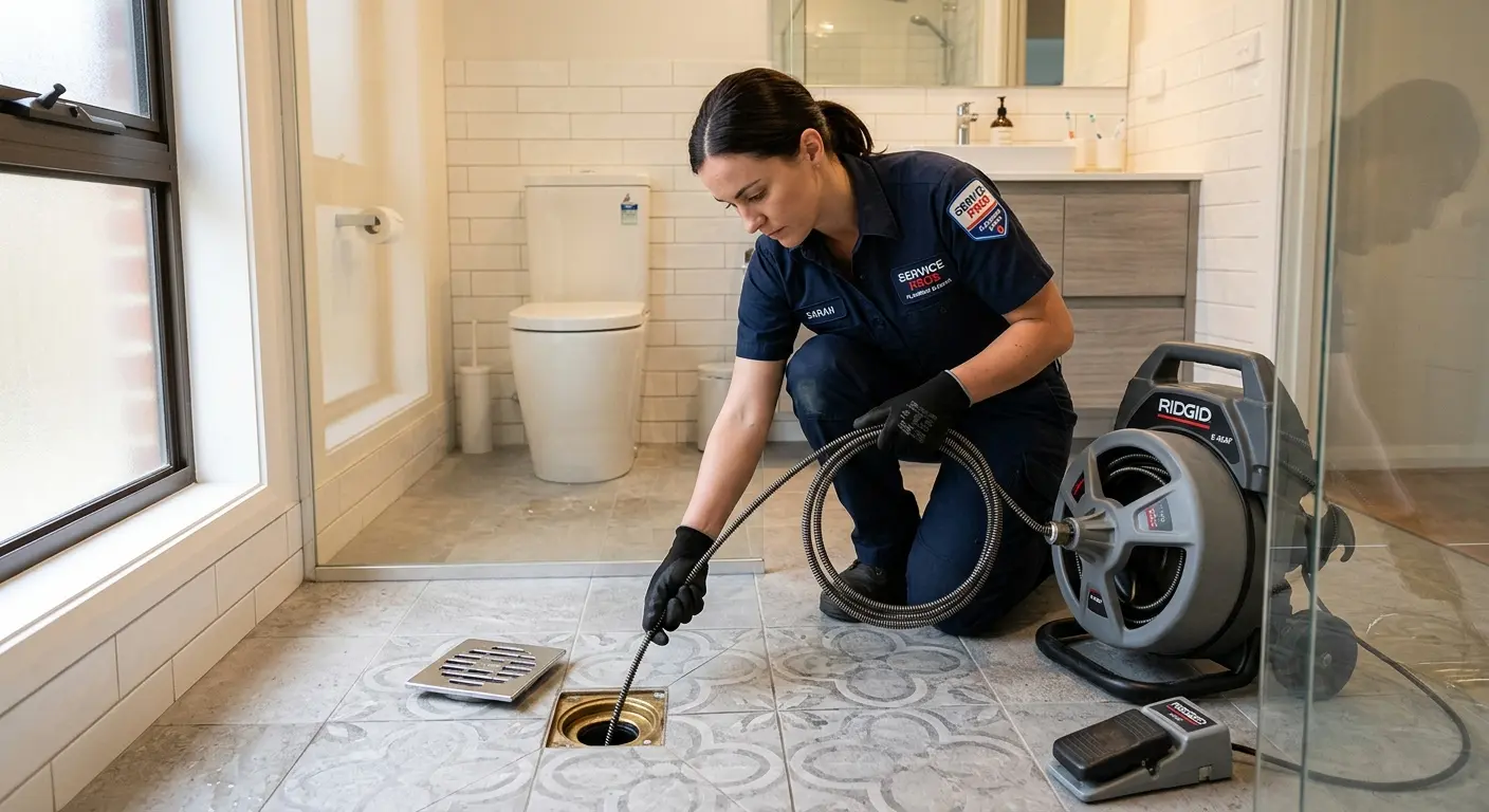 Technician clearing a bathroom floor drain for Hydro Jetting in Richfield
